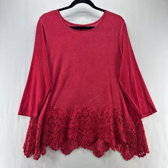 Soft Surroundings Tops - Soft Surroundings Tops Womens PL Pullover Scalloped Eyelet Lace Hem Stretch Red